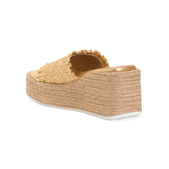 GANNI Gold Made In Spain Smocked Espadrille Wedge Sandals - Picture 2 of 2